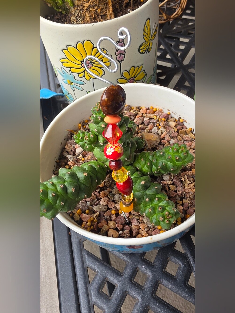 Handmade Red & Amber Beaded Plant Stake